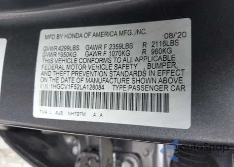 2020 Honda Accord Ex-L из США, поврежденный, VIN 1HGCV1F52LA128084